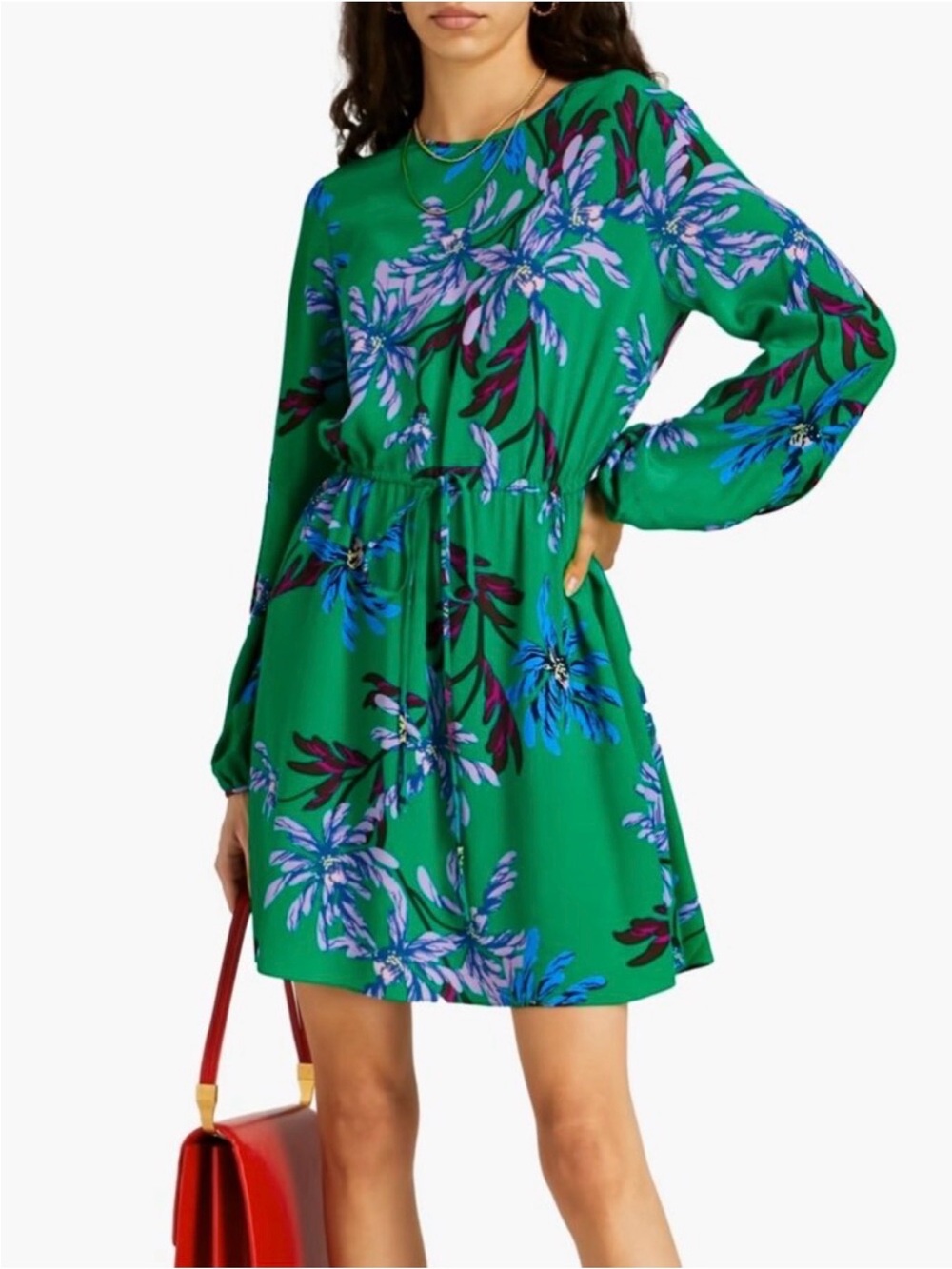 Diane Von Furstenberg Green Floral Long-Sleeve Drawstring Dress Size 2